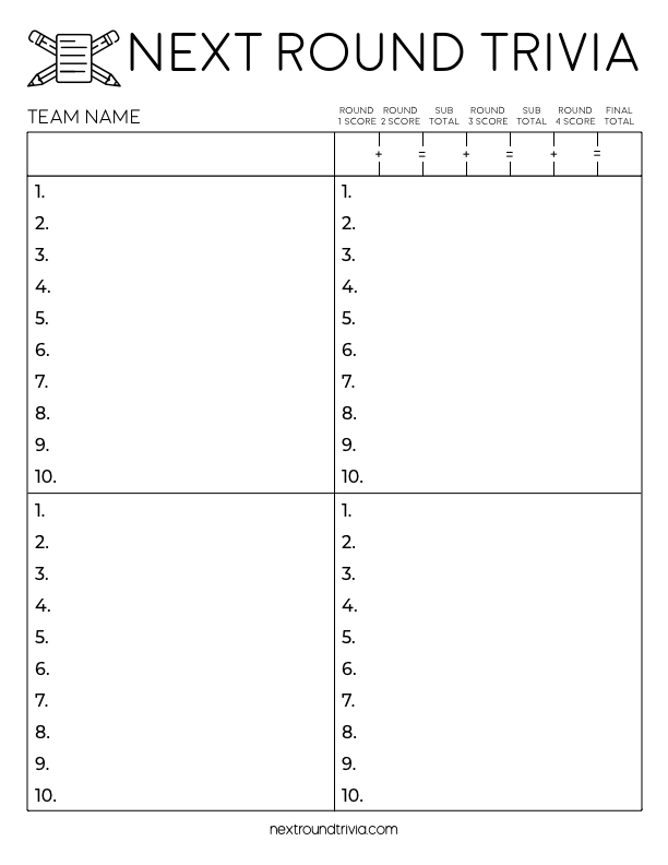 a document designed for Next Round Trivia